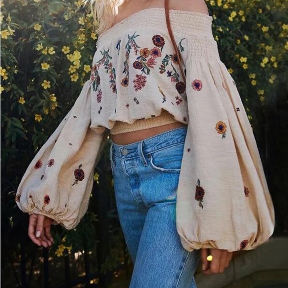 Free People Floral Cotton Embroidered Off-Shoulder Top Blouse size S - Picture 10 of 10
